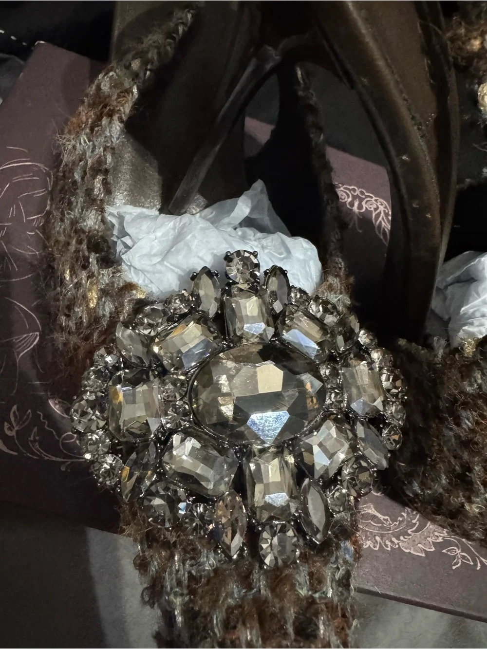 Jeffrey Campbell Brown Tweed Slingback Heel with Crystal Brooch
